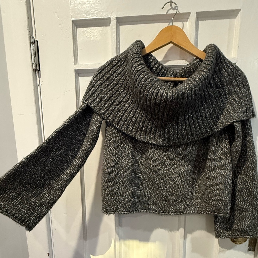 aerie Metallic Gray Off-the-Shoulder Foldover Sweater
